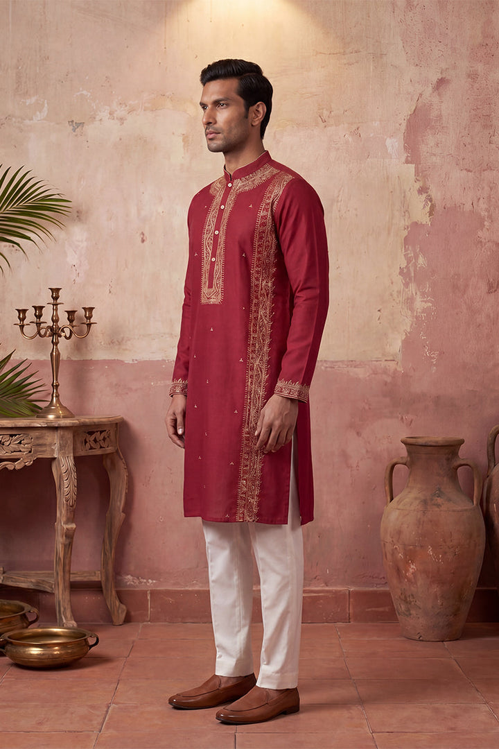 Mens Red Silk Blend Solid Emboidered Straight Kurta With Trouser | SHOBITAM