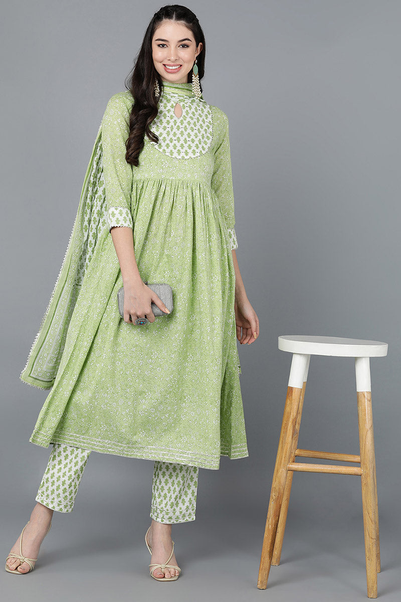 Light Green Cotton Flared Kurta Pant With Dupatta   | SHOBITAM