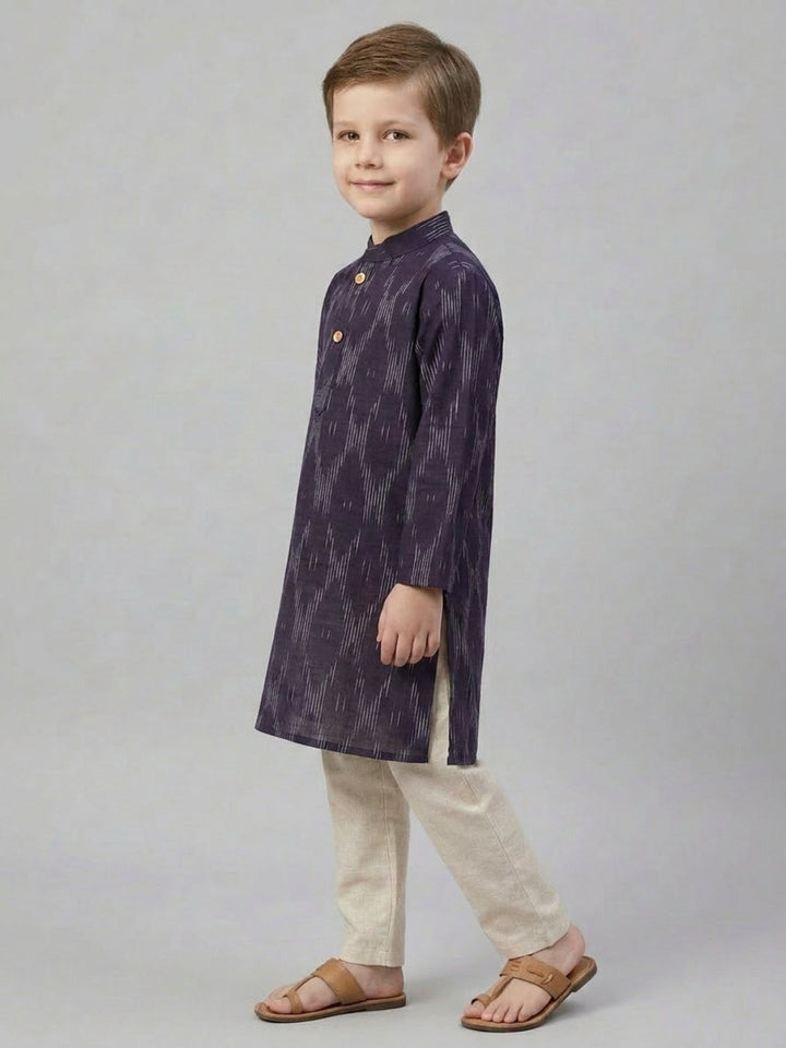 Boys Navy Blue Printed Mandarin Collar Cotton Kurta Set | SHOBITAM