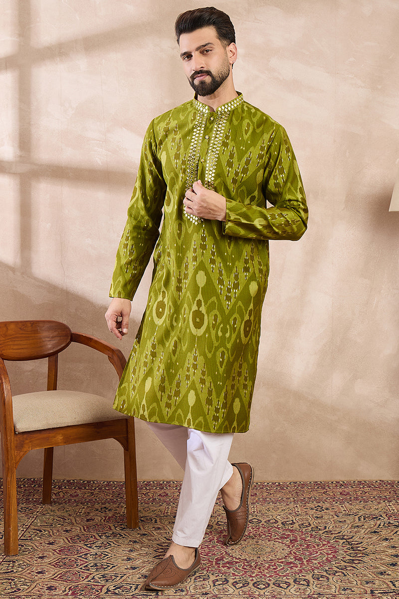 Green Viscose Rayon Chevron Printed Straight Kurta With Trouser | SHOBITAM