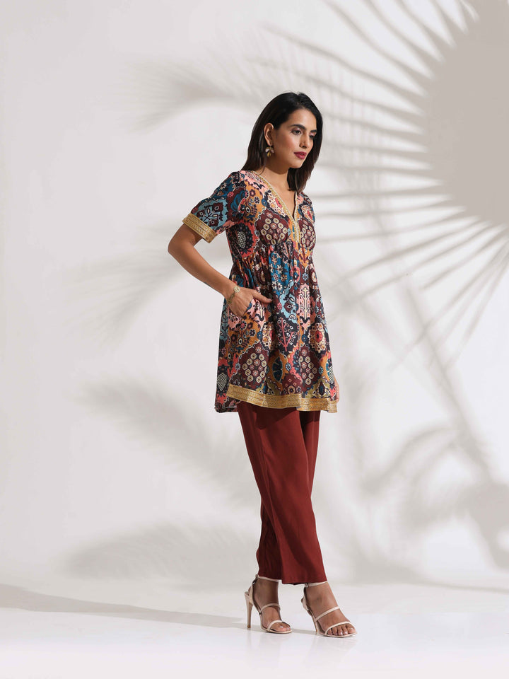 Brown Print Flared Co-ord Set | SHOBITAM