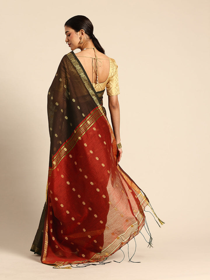 Chocolate Red Zari Buti Silk Cotton Saree with blouse piece | SHOBITAM