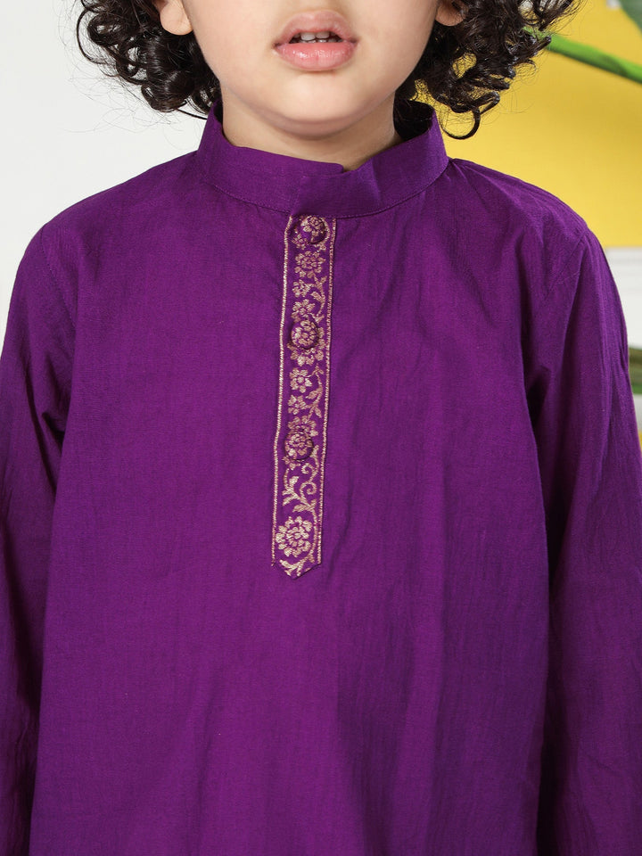 Purple Minimal Zari Embroidery Cotton Kurta Dhoti set | SHOBITAM