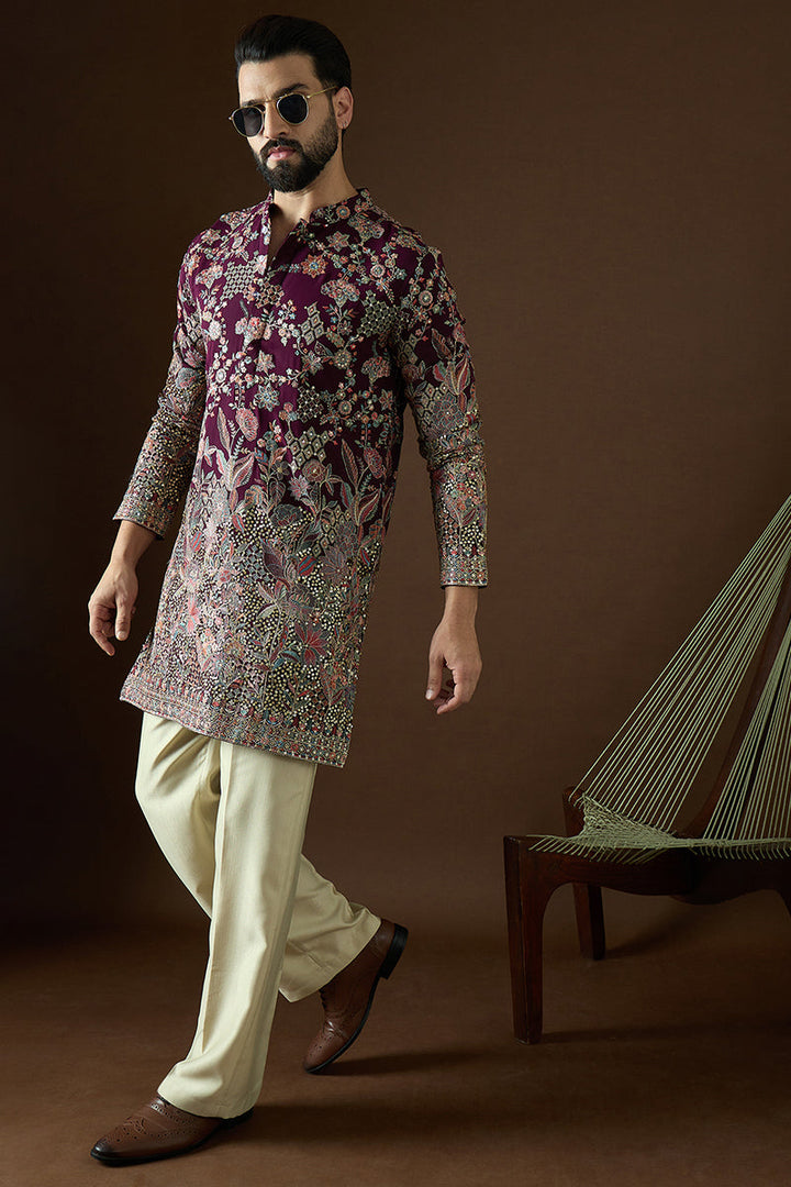 Wine Georgette Solid Embroidered Straight Kurta | SHOBITAM