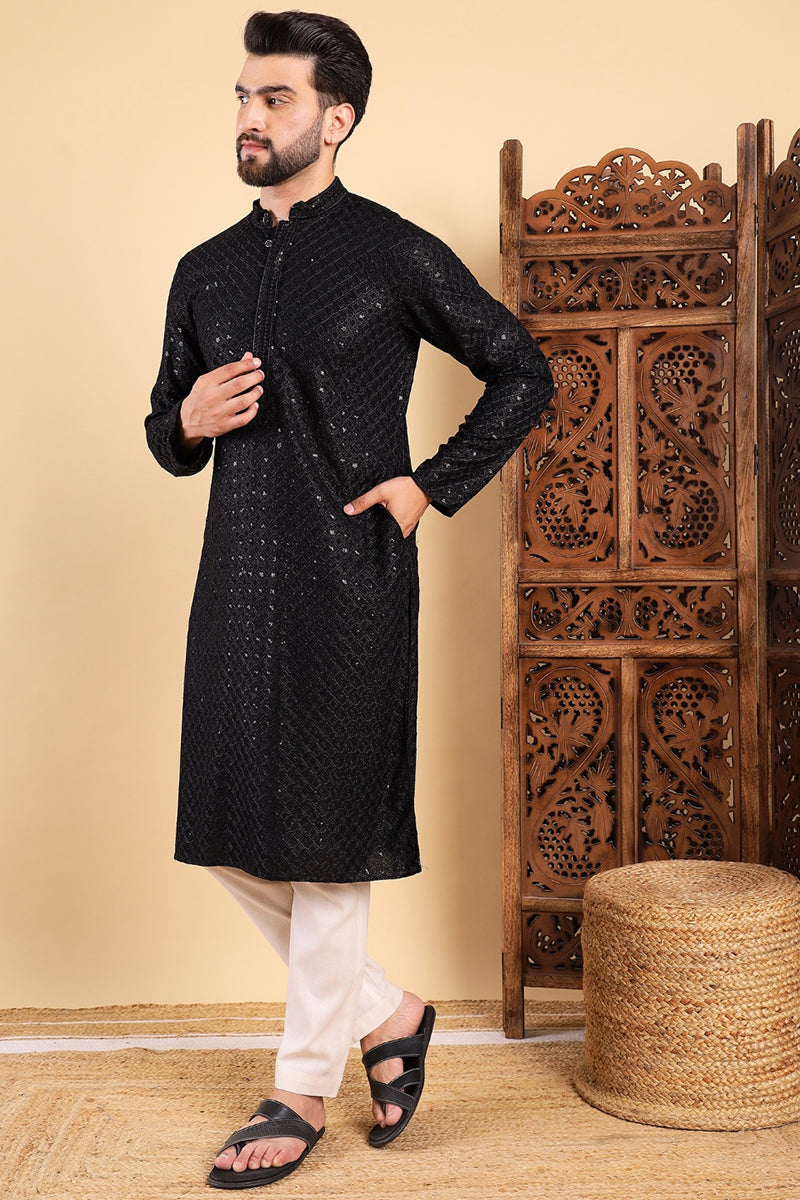 Black Viscose Rayon Solid Embroidered Straight Kurta For Men | SHOBITAM