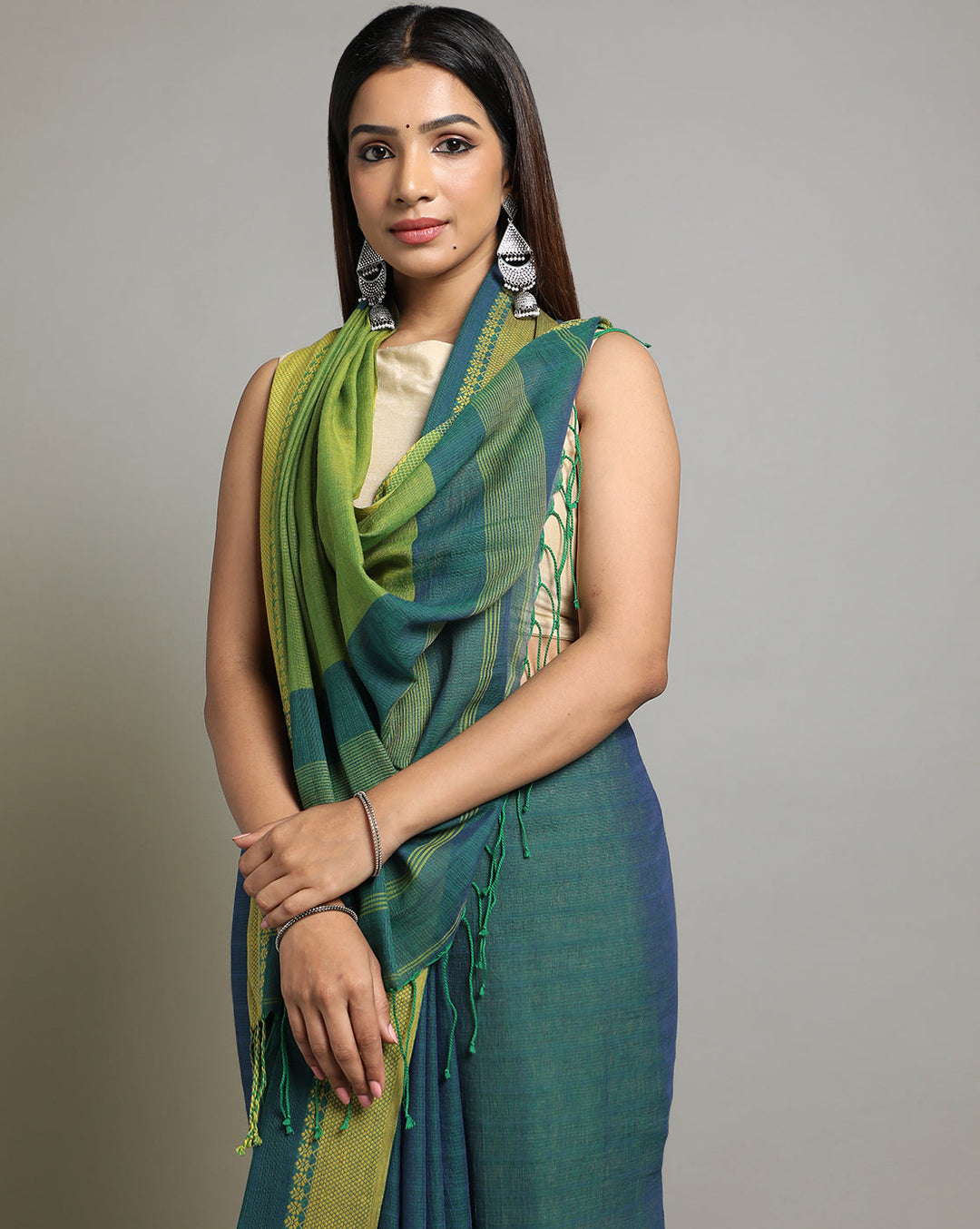 Teal Green Jacquard Cotton Saree | SHOBITAM