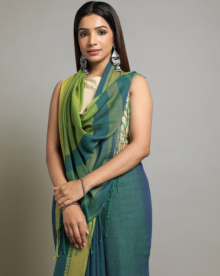 Teal Green Jacquard Cotton Saree | SHOBITAM