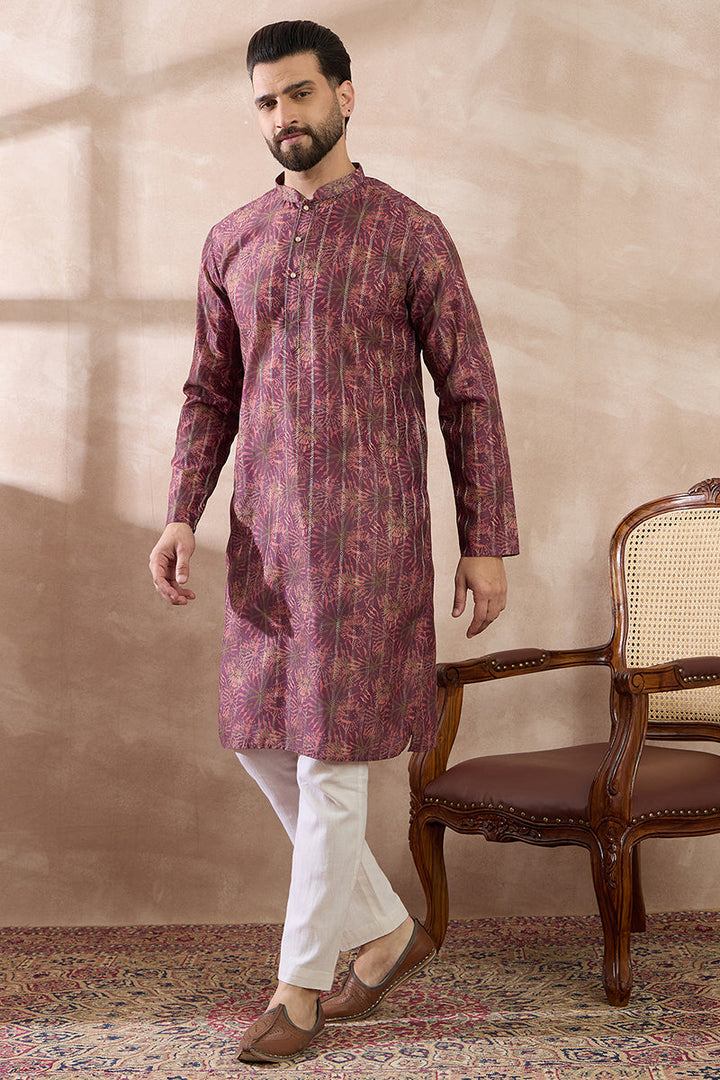 Purple Silk Blend Printed Mandarin Collar Straight Kurta With Trouser | SHOBITAM