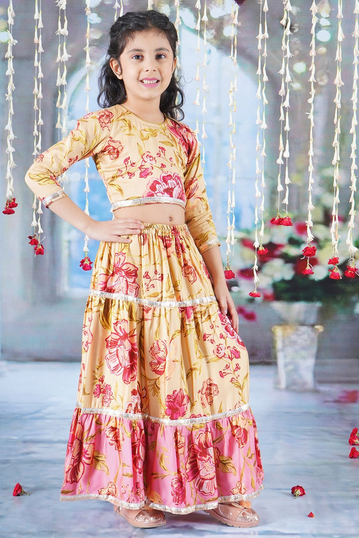 Modern Rose Print Lehenga with Panel and lace work with Blouse and Dupatta | SHOBITAM