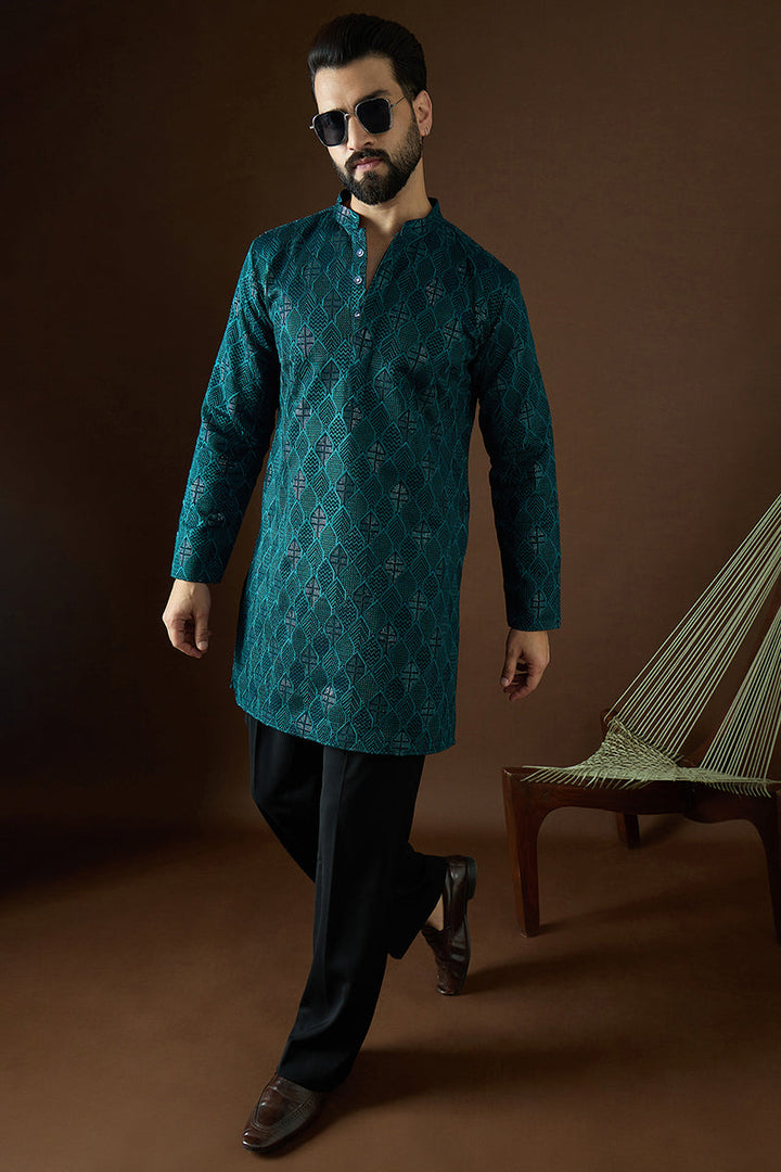 Teal Georgette Solid Embroidered Straight Kurta Sets | SHOBITAM