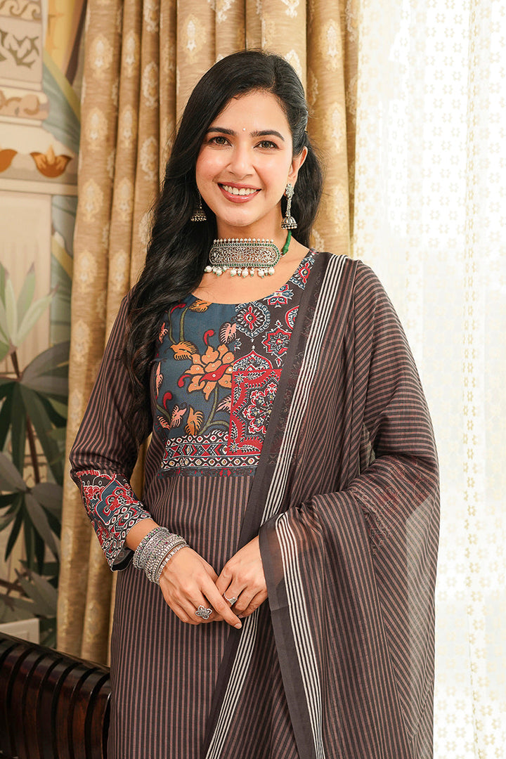 Brown Cotton Blend Ethnic Motifs Printed Straight Kurta Trousers With Dupatta | SHOBITAM
