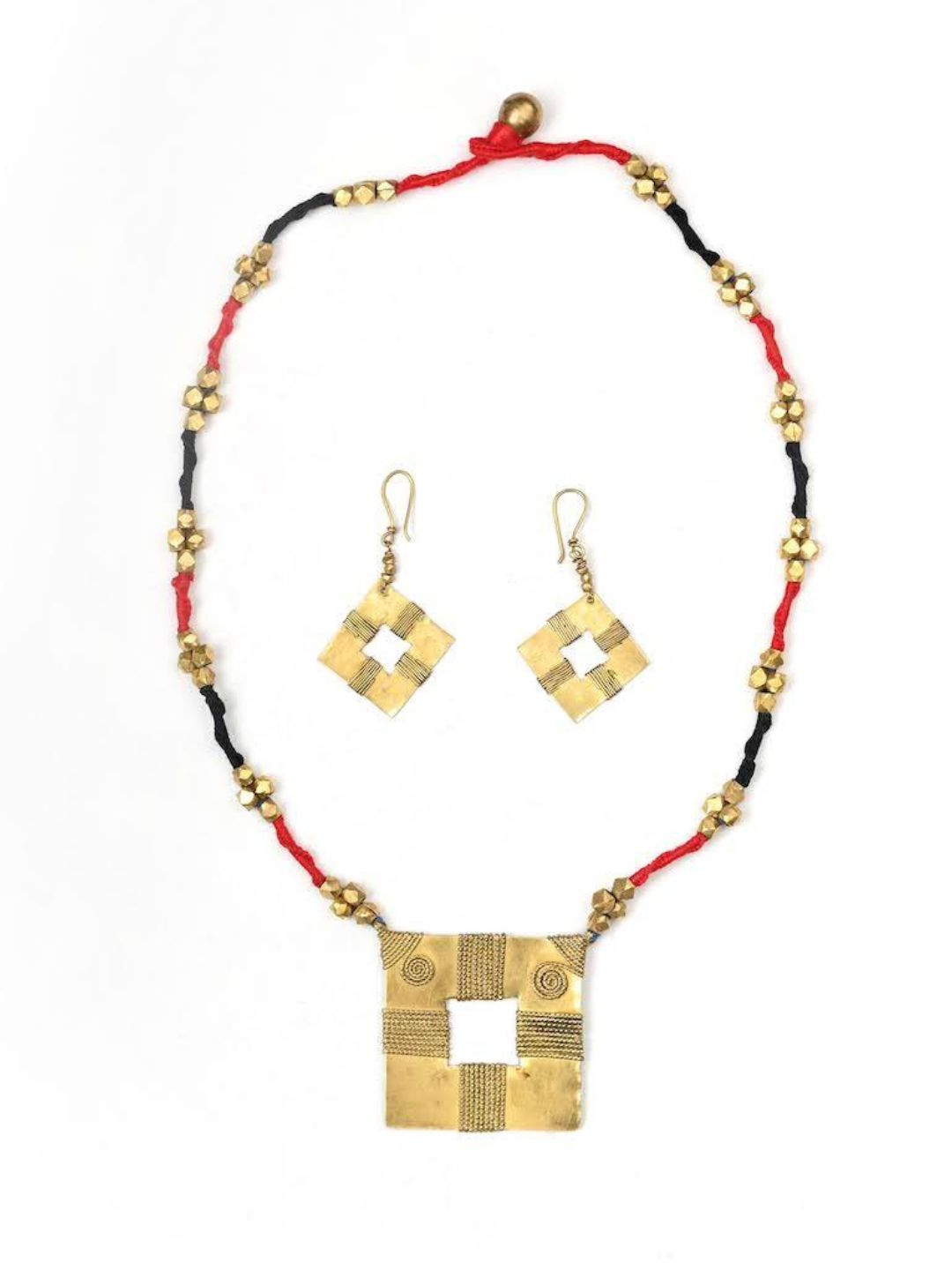 Brass Black Red Square Tribal Jewellery Set | SHOBITAM