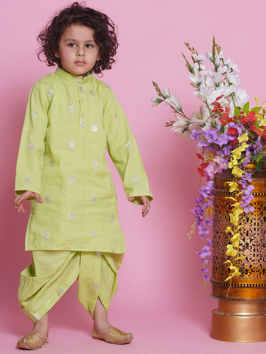 Cotton Full Sleeves Rose Zari Embroidered Kurta with Dhoti -Fern Green | SHOBITAM