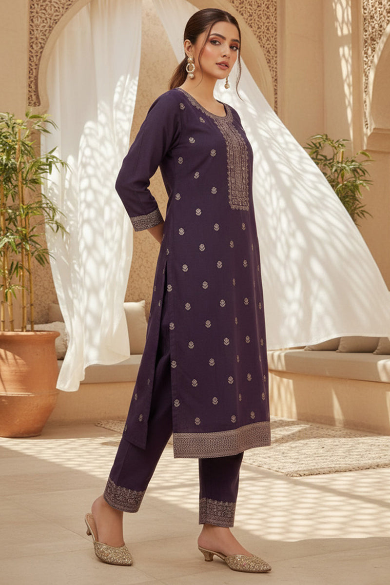 Purple Silk Blend Ethnic Motifs Stoning Straight Kurta Trouser with Dupatta | SHOBITAM