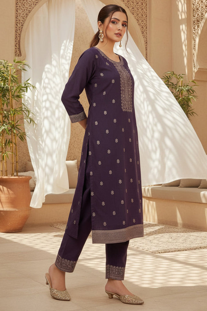 Purple Silk Blend Ethnic Motifs Stoning Straight Kurta Trouser with Dupatta | SHOBITAM