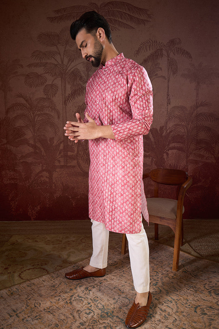 Pink Silk Blend Ethnic Motifs Printed Straight Kurta With Trouser | SHOBITAM
