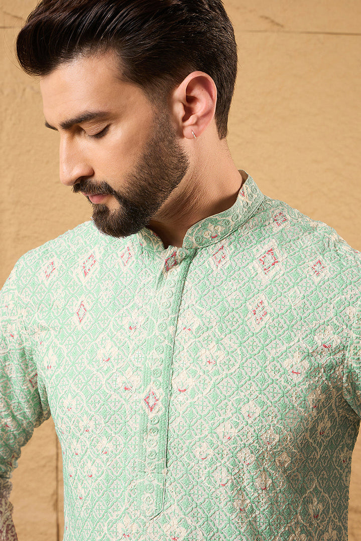 Teal Viscose Rayon Ethnic Motifs Embroidered Straight Kurta with Trouser  | SHOBITAM