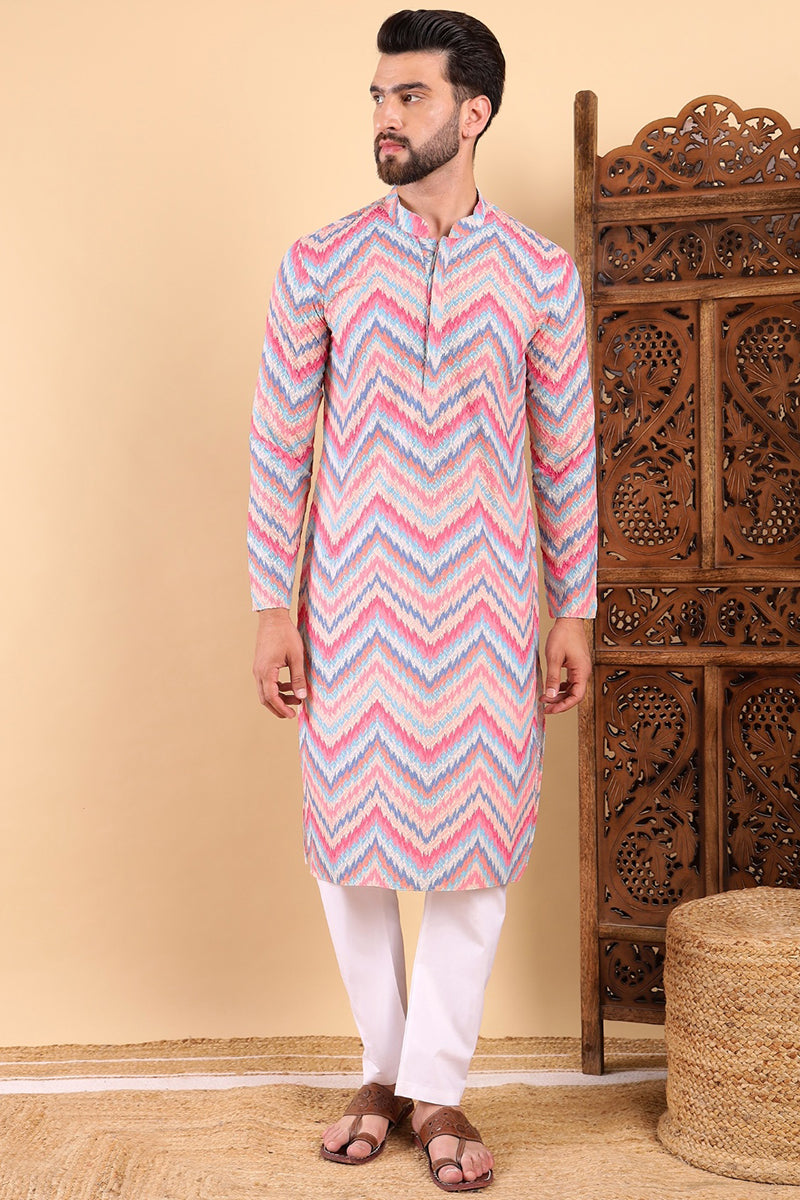 Pink Viscose Rayon Ikat Embroidered Straight Kurta For Men | SHOBITAM