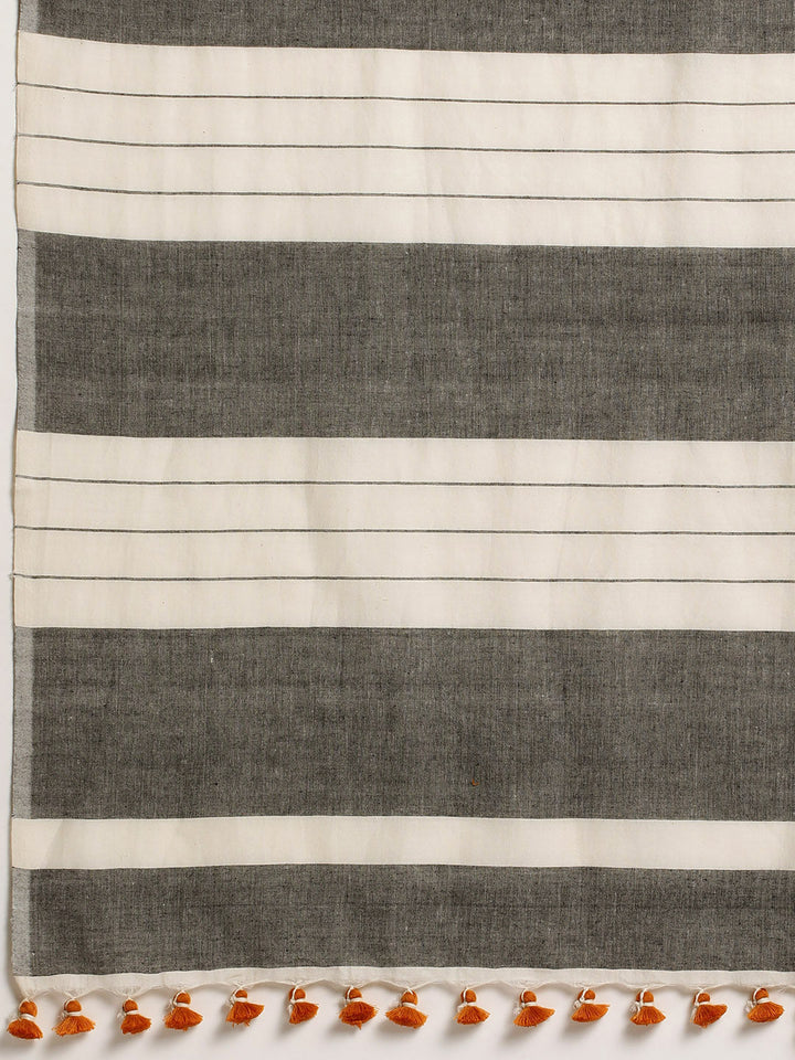 White and Black Cotton Striped Stole | SHOBITAM