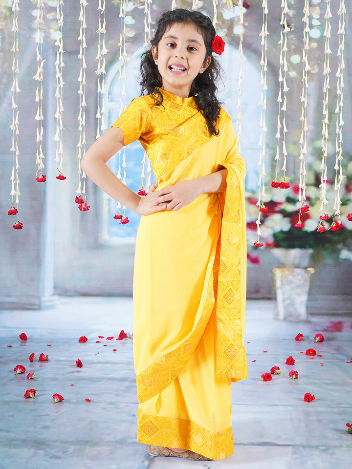 Floral Rangoli Blouse with Ready to wear Saree - Yellow | SHOBITAM