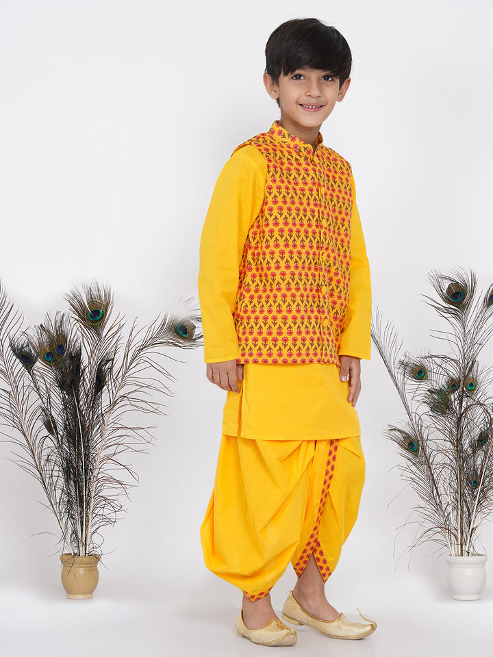 Boys Floral Jacket with Kurta and Dhoti in Yellow  | SHOBITAM