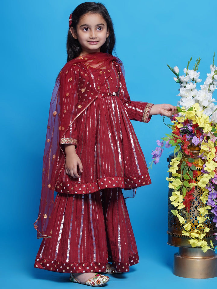 Chand Sitare Anarkarli Kurta Sharara with Dupatta - Mahroon | SHOBITAM
