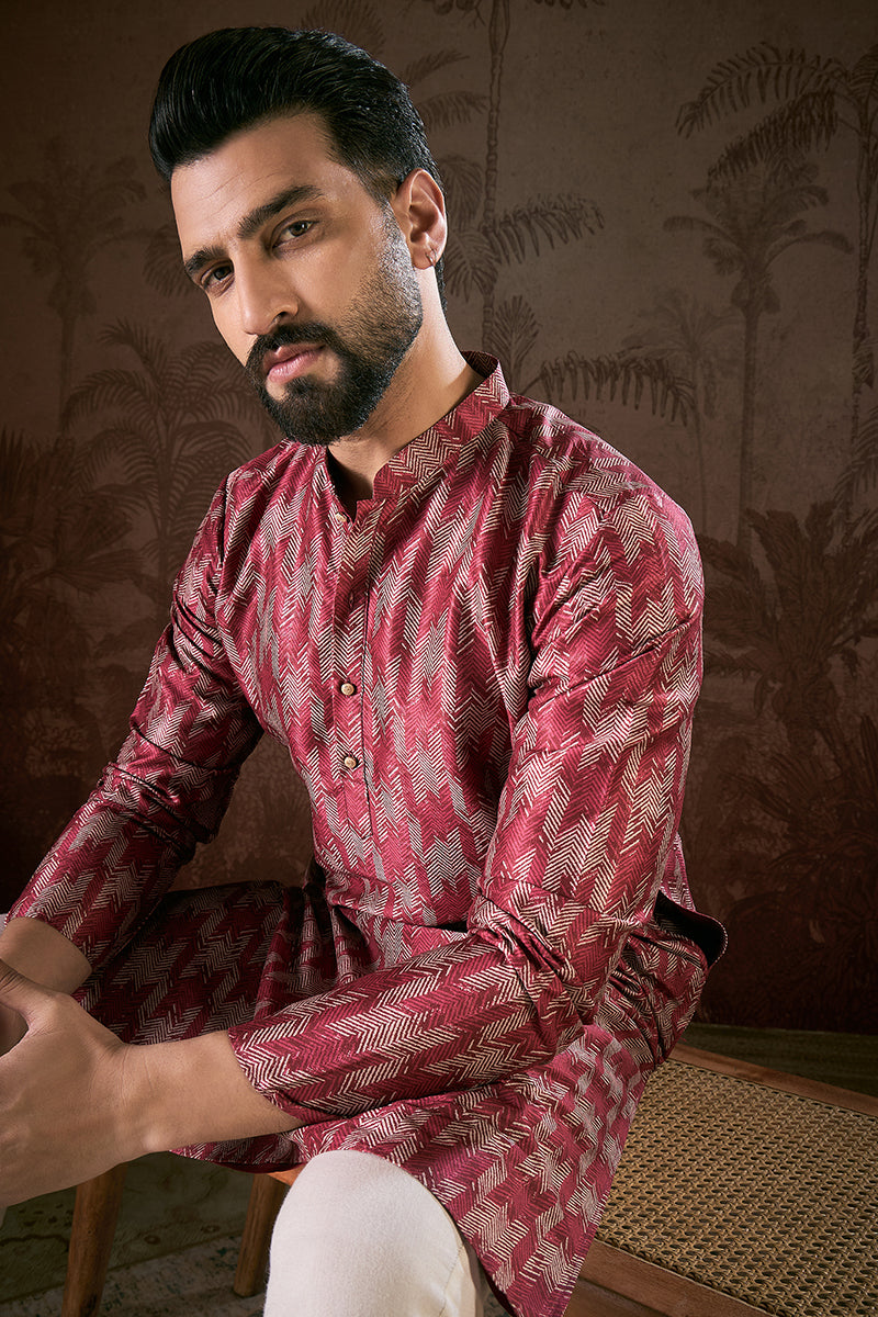Maroon Silk Blend Chevron Printed Straight Kurta For Men | SHOBITAM