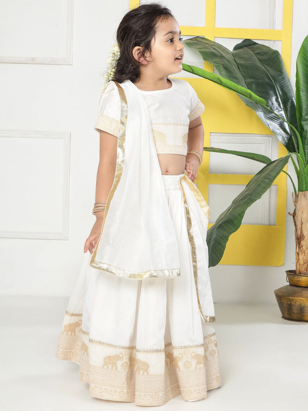 Cream Elephant Zari Embroidery Chanderi Cotton Lehenga Set | SHOBITAM
