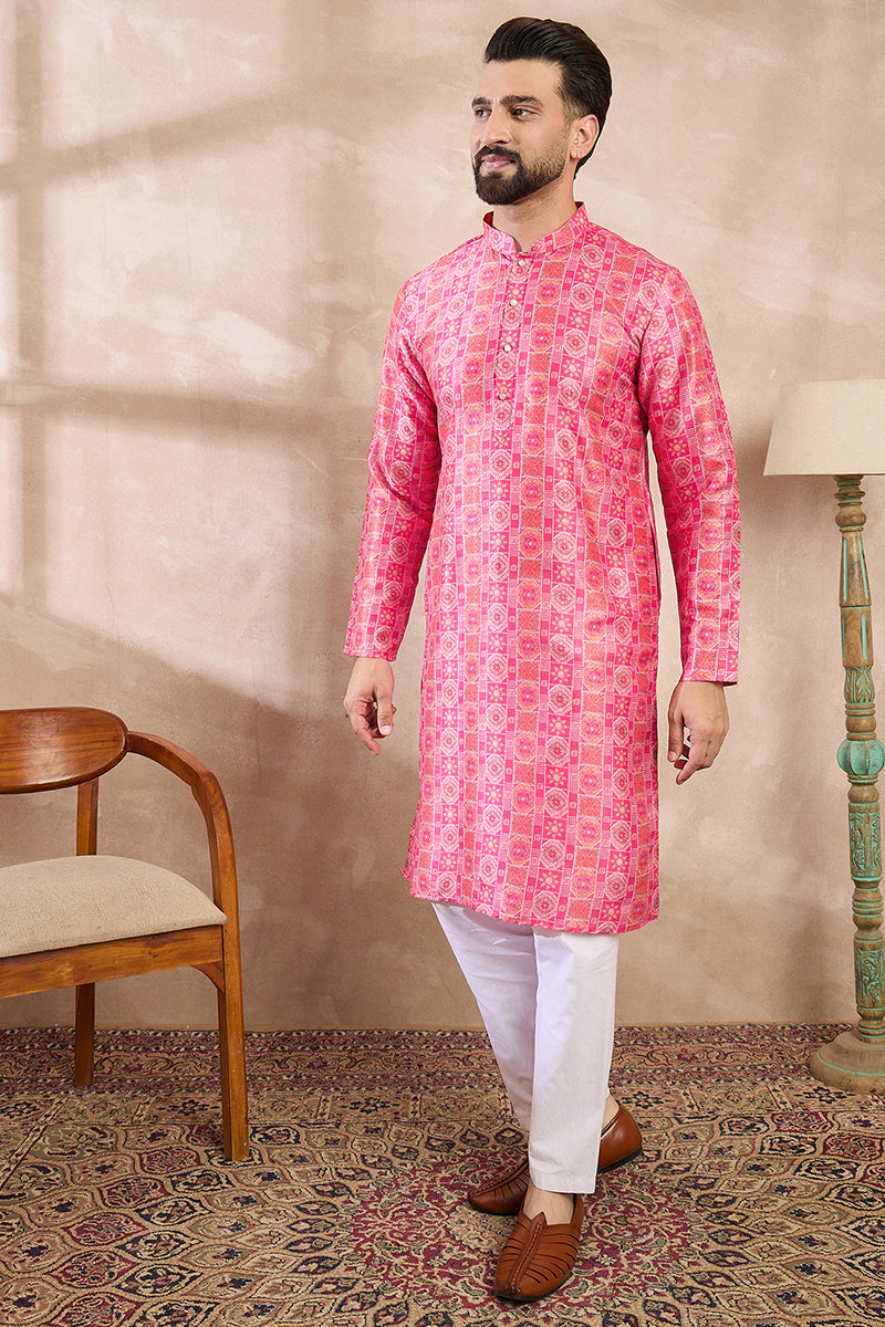 Pink Silk Blend Ethnic Motifs Printed Straight Kurta With Trouser | SHOBITAM