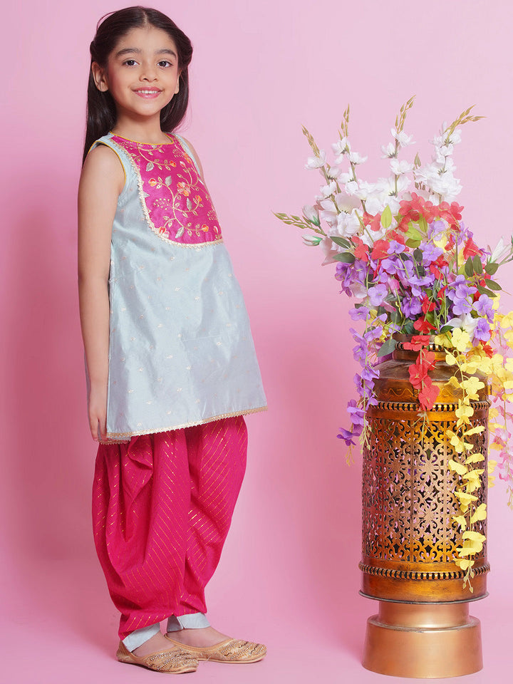 Girls Cotton Silk Sleeveless Kurta with Dhoti Salwar and Dupatta with Floral Embroidery - Dolphin Green | SHOBITAM