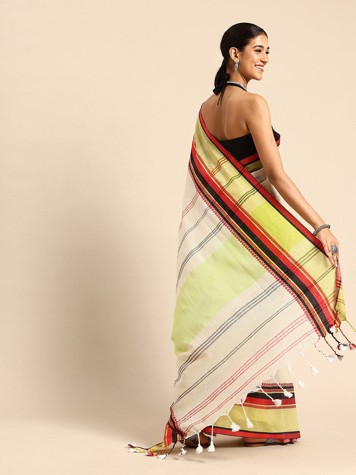 White Green Red Cotton Saree with Blouse piece | SHOBITAM