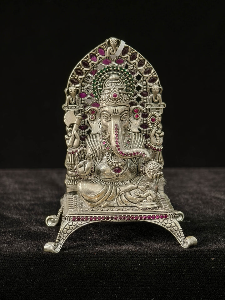 Pure 92.5 Silver Lord Ganesha 3D Idol with Throne and Kemp Stone Detailing