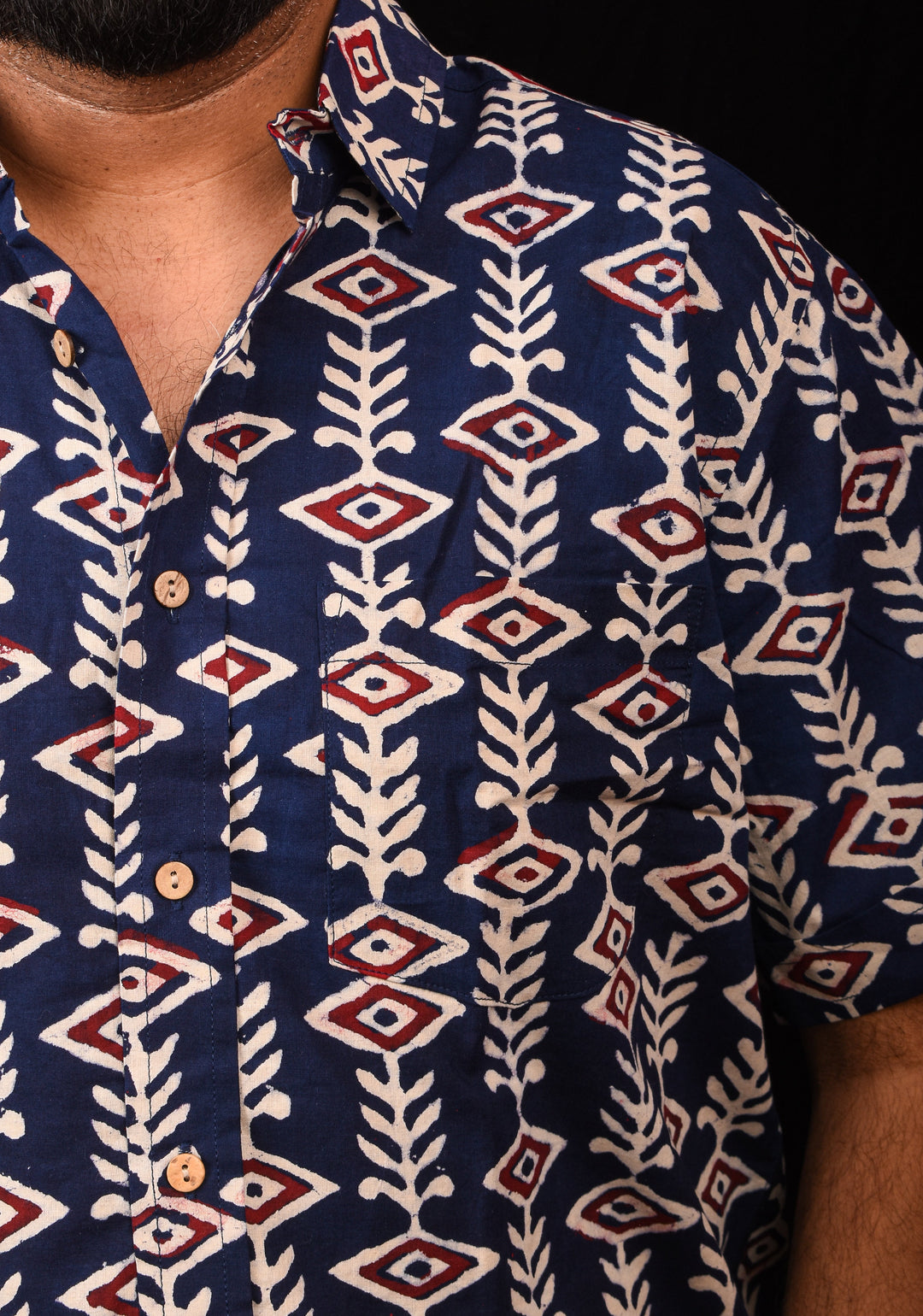 Blue White Red Handblock Printed Cotton Mens Shirt