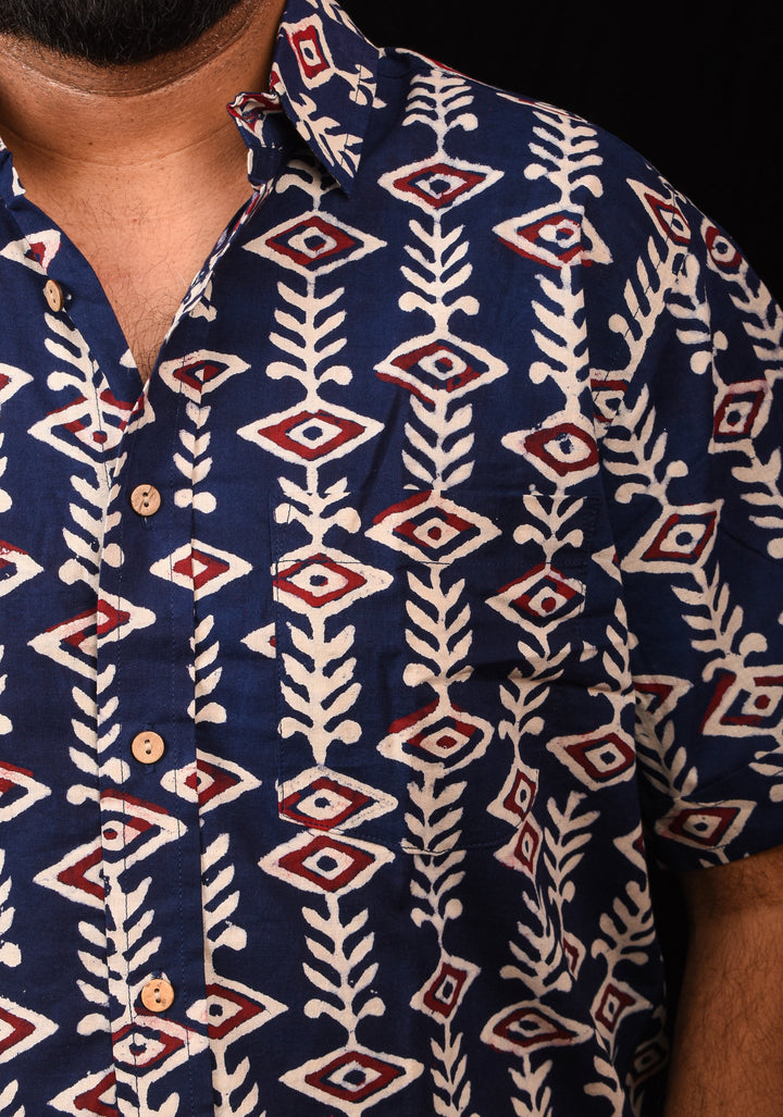 Blue White Red Handblock Printed Cotton Mens Shirt