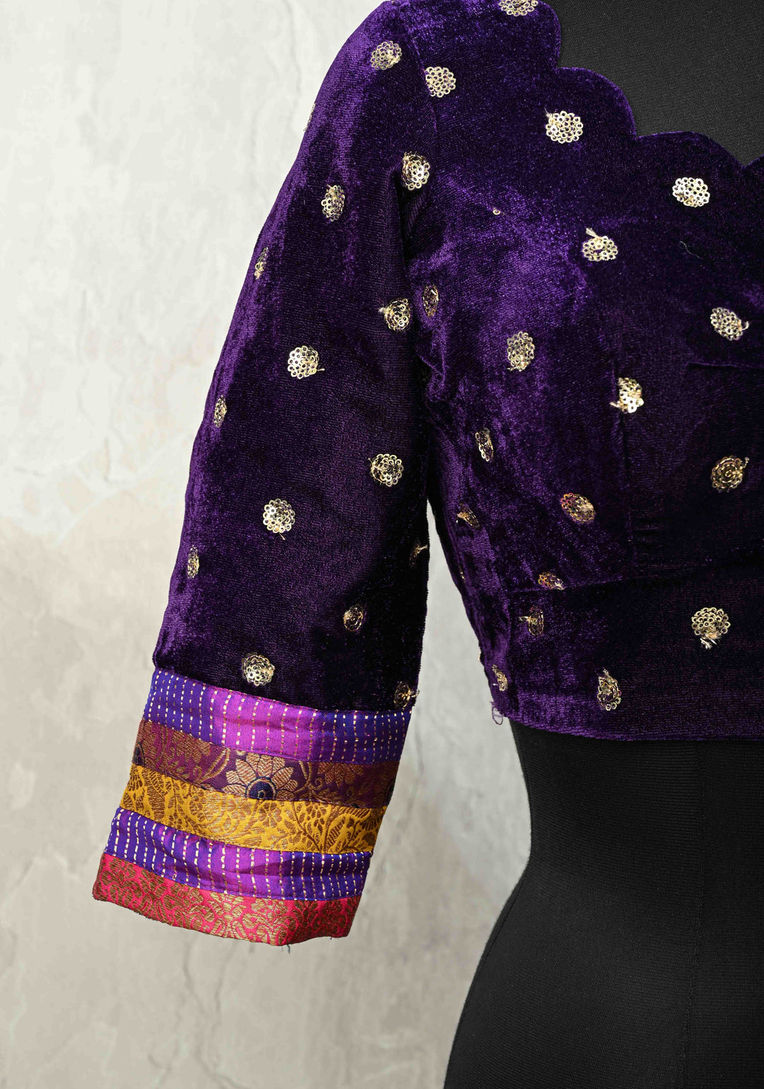 SIZE 40" Deep Purple Velvet 3/4 Sleeve Blouse with Sequins Buttas and Scallop Neckline