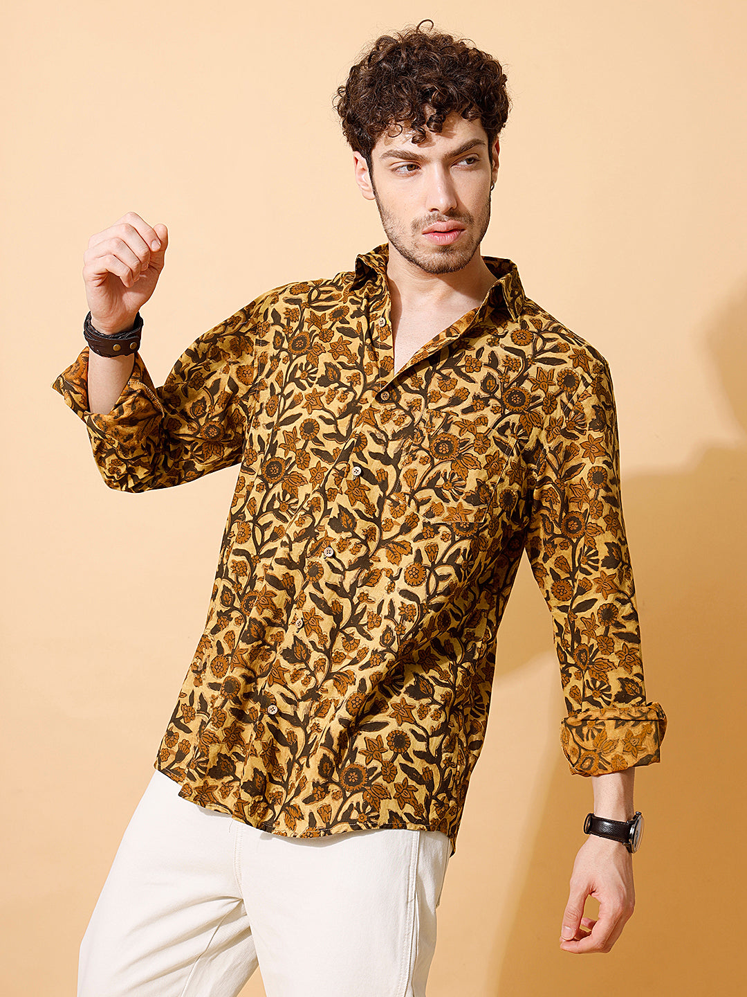 Amber Ajrakh Full Sleeve Cotton Shirt in Mustard for Men