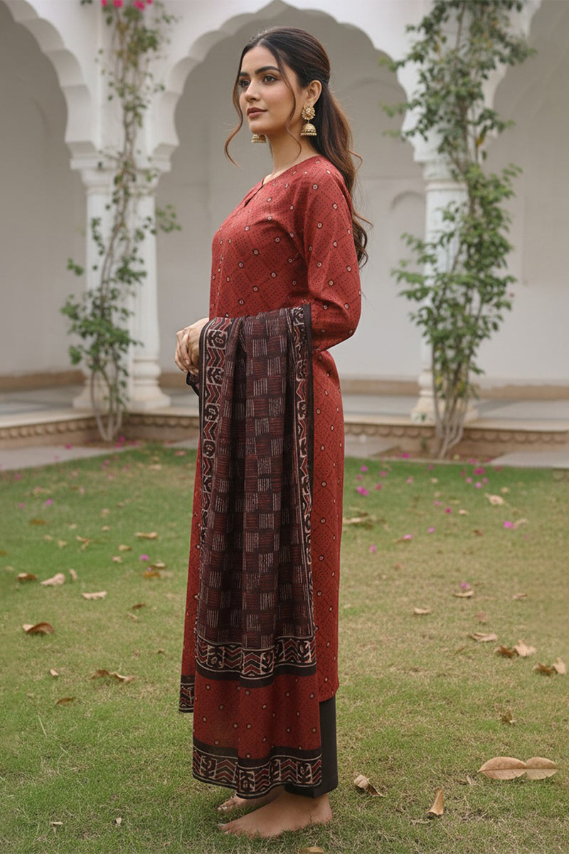 Red Cotton Blend Geometric Printed Straight Kurta Trousers With Dupatta  | SHOBITAM