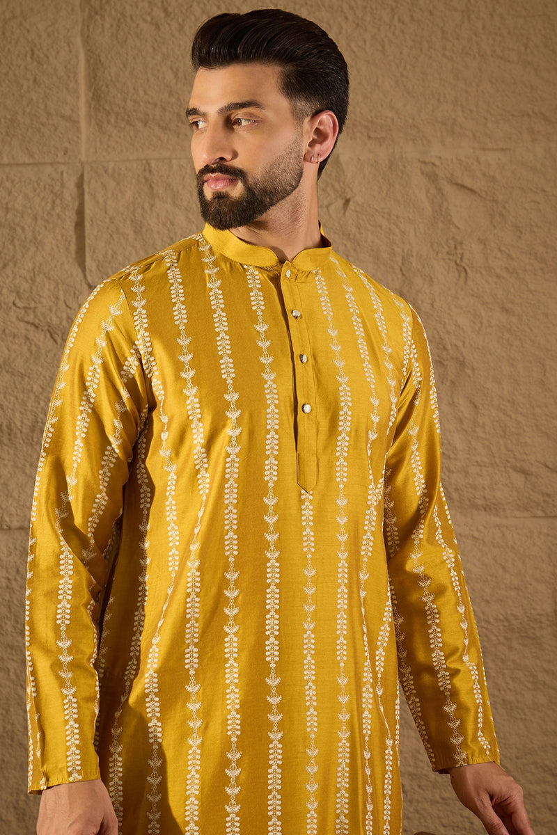 Yellow Viscose Rayon Ethnic Motifs Printed Straight Kurta with Trousers | Shobitam