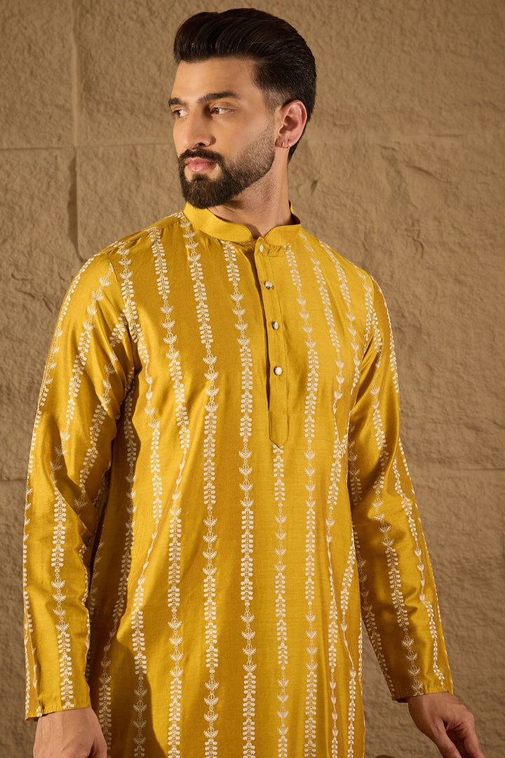 Yellow Viscose Rayon Ethnic Motifs Printed Straight Kurta with Trousers | Shobitam