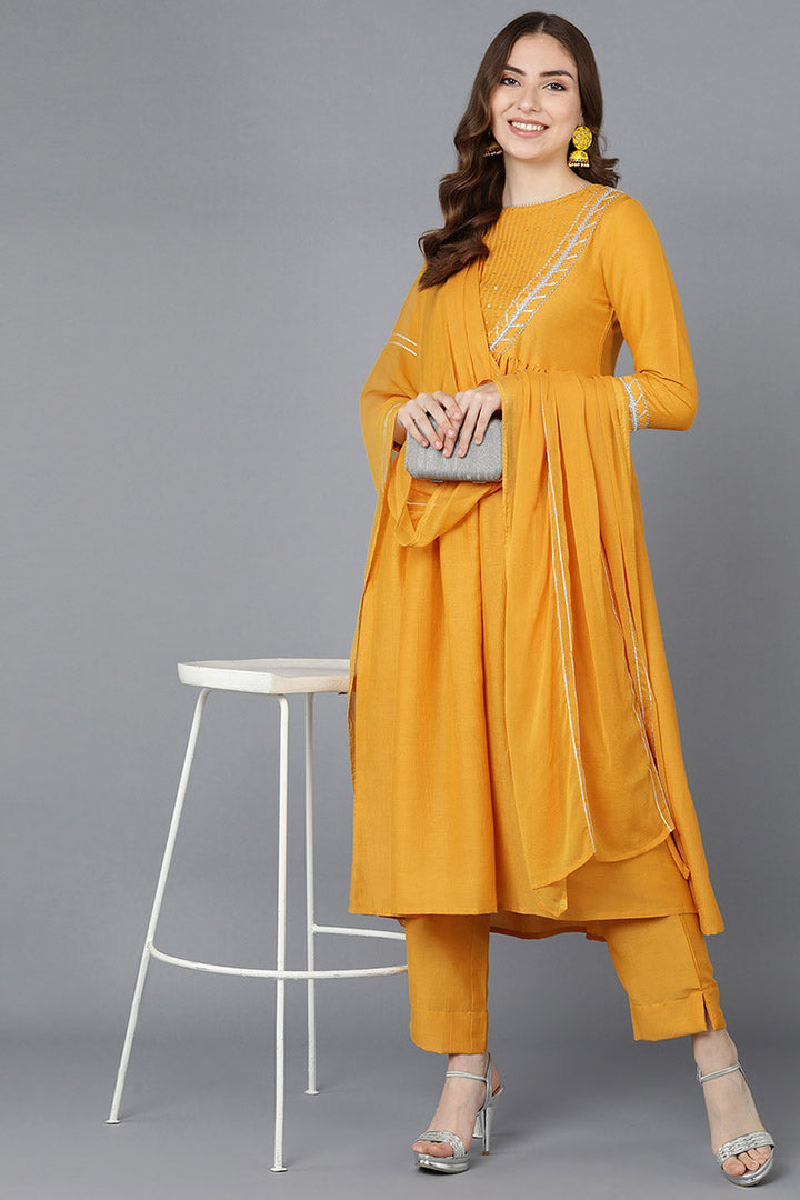 Mustard Poly Silk Flared Suit Set | SHOBITAM