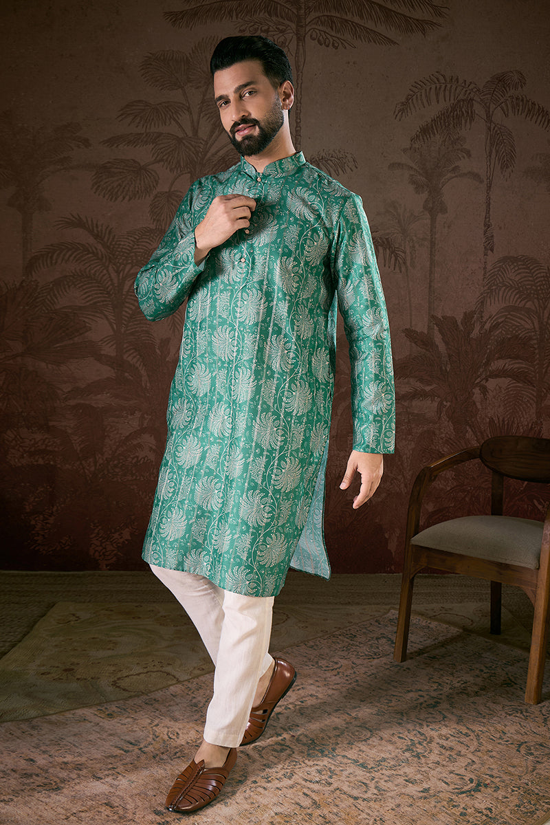 Teal Silk Blend Floral Printed Straight Kurta With Trouser| SHOBITAM