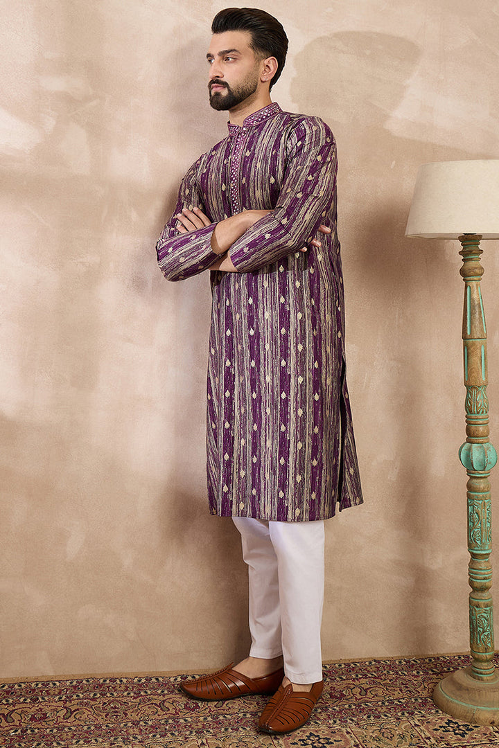 Purple Silk Blend Abstract Printed Straight Kurta For Men | SHOBITAM