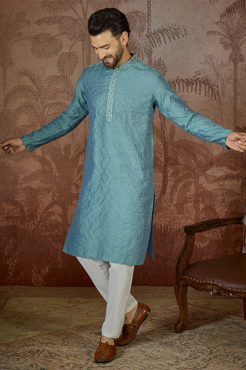 Mens Teal Jacquard Solid Embroidered Kurta With Trouser  | SHOBITAM