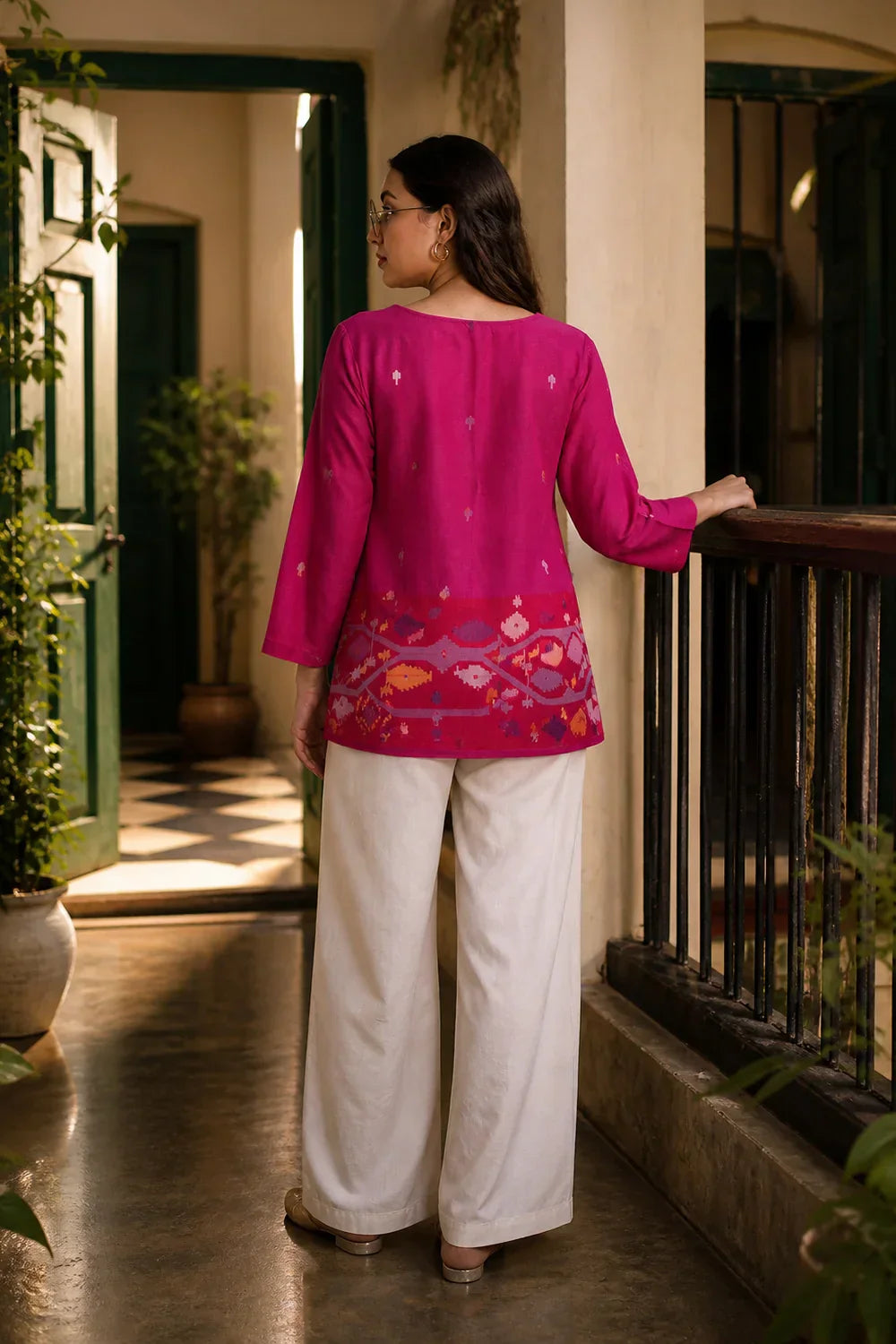 Fuchsia Pink Jamdani Top | SHOBITAM
