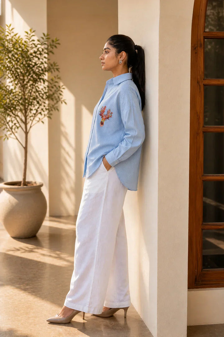 Sky Blue and White Stripes Pure Cotton Shirt | SHOBITAM