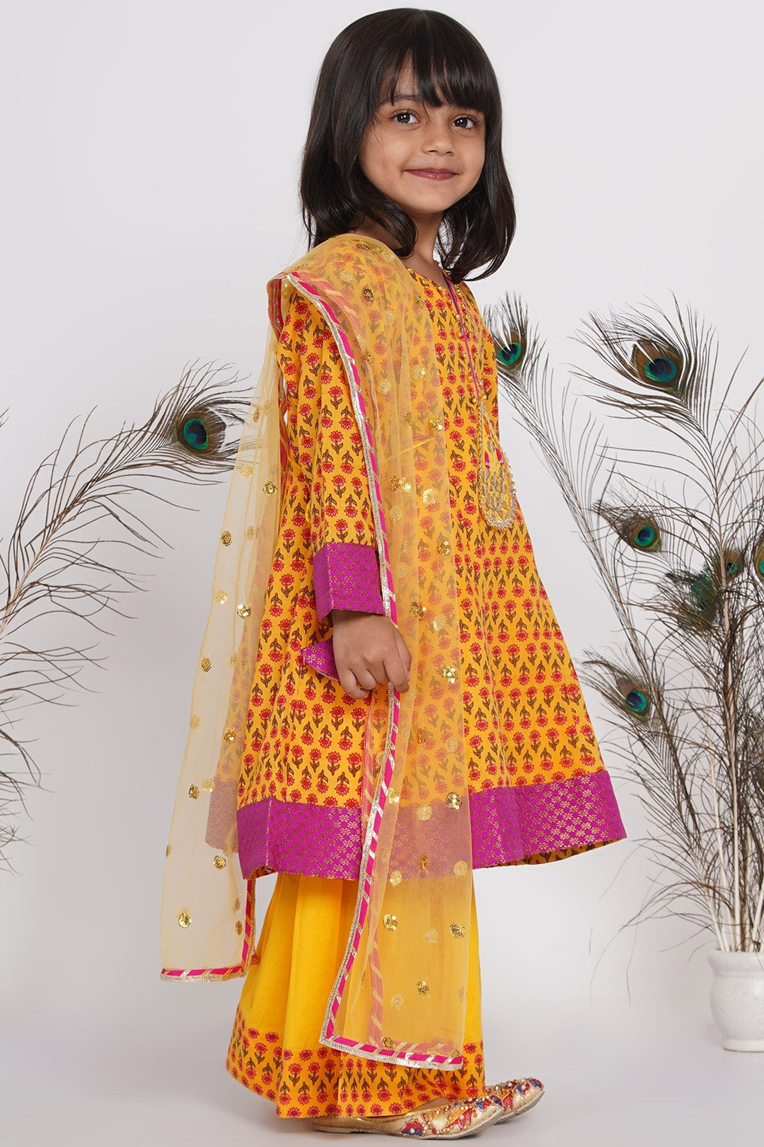 Girls Cotton Jaipuri Princecut Kurta frock with buti work, Sharara, and Dupatta | SHOBITAM