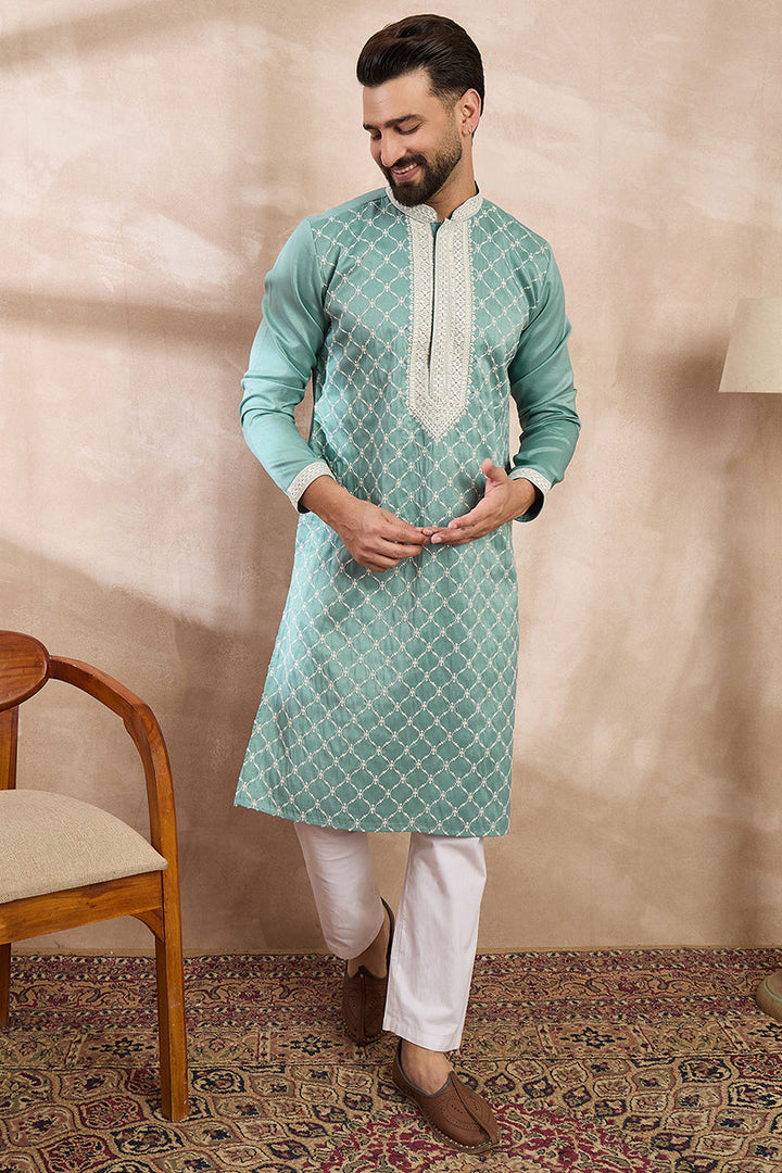 Teal Silk Blend Geometric Embroidered Straight Kurta | SHOBITAM