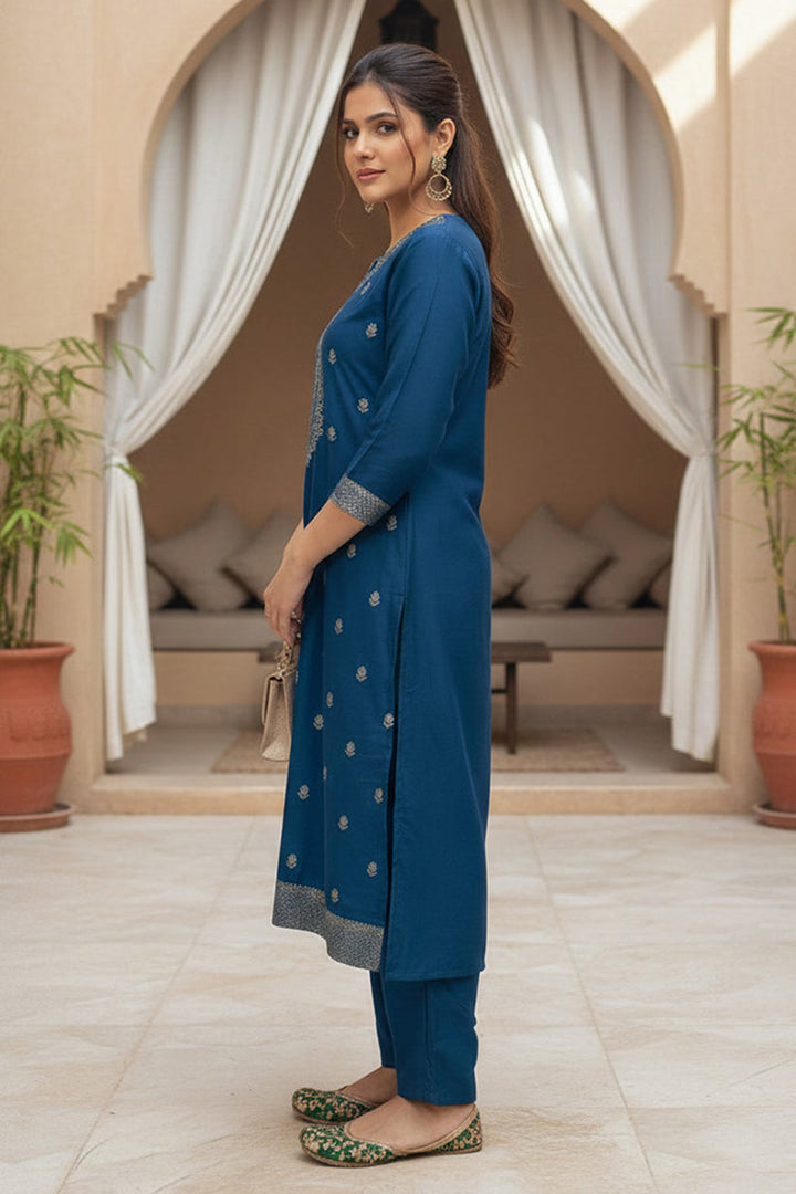 Blue Silk Blend Ethnic Motifs Stoning Straight Kurta Trouser with Dupatta | SHOBITAM
