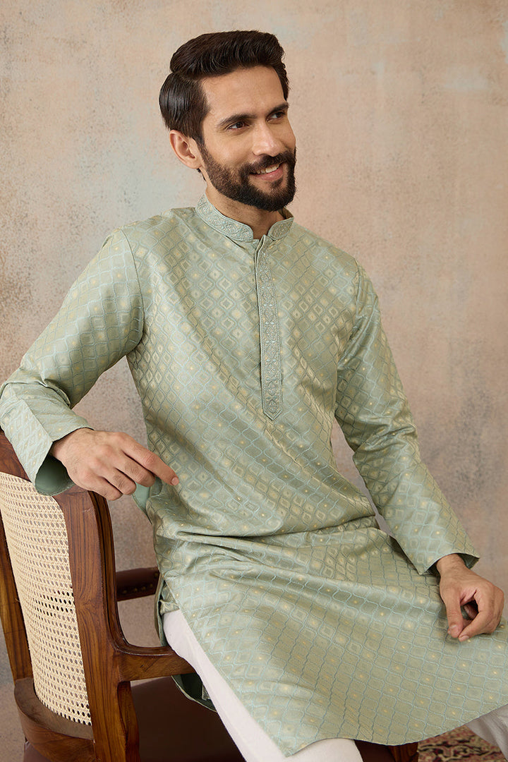 Mens Teal Jacquard Ethnic Motifs Embroidered Kurta | SHOBITAM