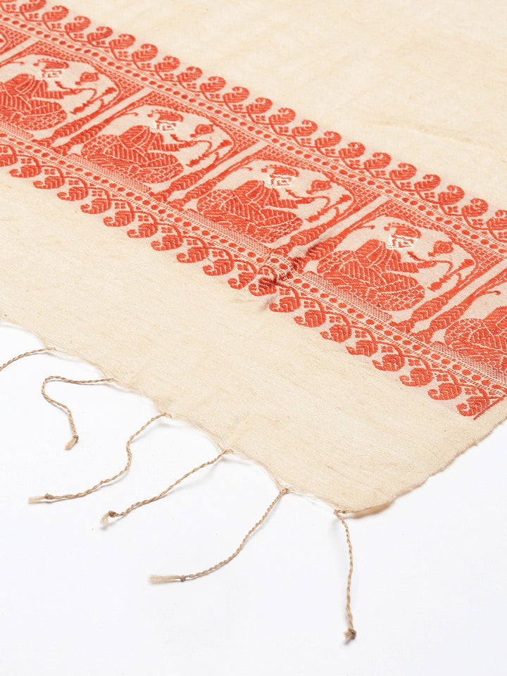 Peach and Orange Nawab Baluchari Silk Cotton Stole | SHOBITAM